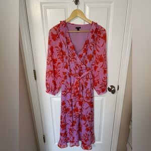 Ann Taylor Bohemian Floral Ruffle Midi Long Sleeve Wrap Dress Pink & Red Size 6